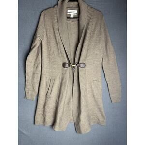 Ellen Tracy Women's Size Medium Merino Wool Sweater Open Front Leather Buckle